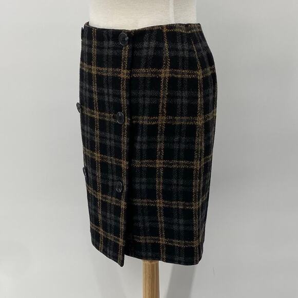White + Warren Plaid Mini Skirt Wool Double Front Button Black Gray Tan Womens M - Picture 3 of 5